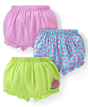 Babyhug 100% Cotton Single Jersey Above Knee Length Bloomer With Striped & Watermelon Print Pack Of 3 - Pink Blue & Green