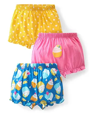 Babyhug 100% Cotton Knit Polka Dots & Ice Cream Printed Bloomer Pack of 3 - Yellow Blue & Pink