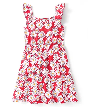 Hola Bonita Knitted Sleeveless Knee Length Frock With Floral Print - Red