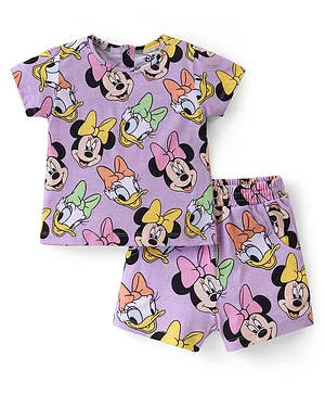 Babyhug Disney Single Jersey Knit Half Sleeves Night Suit With Minnie Mouse Graphics - Purple