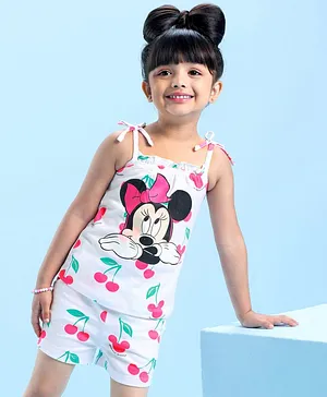 Babyhug Disney Single Jersey Knit Sleeveless Night Suit Minnie Mouse and Cherry Print - White