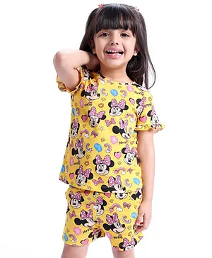 Babyhug Disney Single Jersey Half Sleeves Night Suit Minnie Mouse Print - Yellow