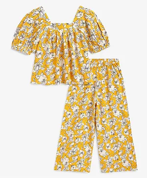 Campana Rayon Puffed Sleeves Floral Printed Coordinating Crop Top & Trousers Set - Yellow