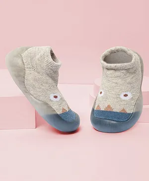 Baby Moo Eye Detailed Anti Skid Rubber Sole Slip On Sock Shoes - Grey &   Blue