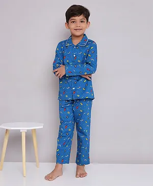 KID1 Poplin Woven Full Sleeves Foods Printed Coordinating Night Suit Set - Sky Blue