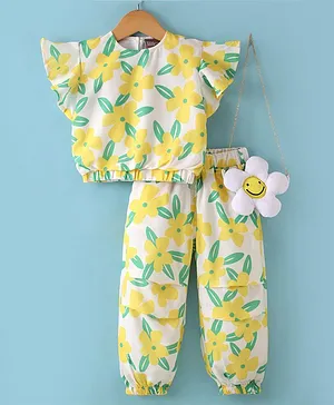 Little Kangaroos Textile Woven Flutter Sleeves Top & Lounge Pant with Sling  Floral Print - Yellow