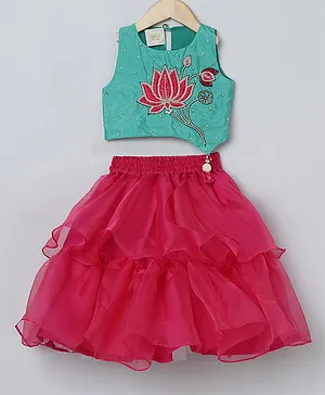 BYB PREMIUM GREEN AND PINK GIRLS LOTUS HAND PEARL AND BEADS EMBROIDERY BANGLORE SILK AND ORGANZA SKIRT AND TOP