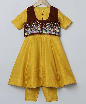BYB PREMIUM MUSTARD YELLOW AND BROWN GIRLS MULTI COLOR FLORAL HAND EMBROIDERY DOLA SILK AND VELVET ANARKALI PYJAMA WITH JACKET