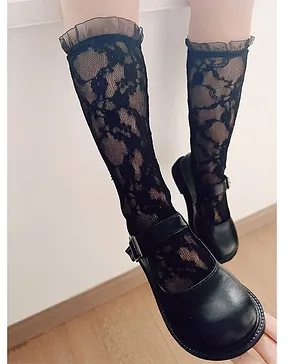 Flaunt Chic Lace  And Net Detailed  Socks  - Black