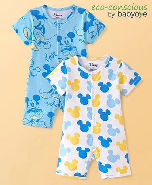 Babyoye Disney Cotton Interlock Half Sleeves Romper Mickey Mouse Print Pack of 2 - Blue