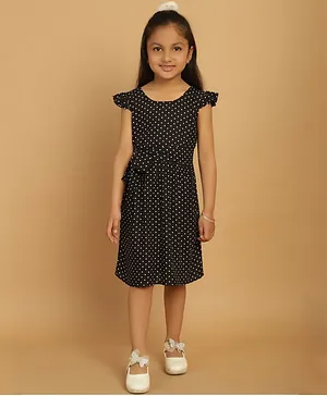Mini & Ming Cap Frill Sleeves Polka Dots Printed A Line Rayon Midi Dress - Black