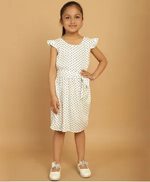 Mini & Ming Cap Frill Sleeves Polka Dots Printed A Line Rayon Midi Dress -  White