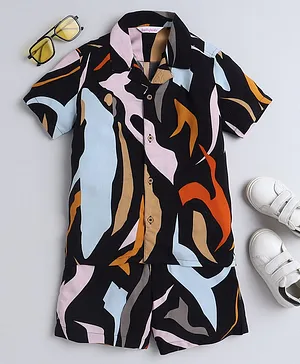 Taffykids Half Sleeves Abstract Printed Viscose  Shirt And Shorts Set - Black & Multi Colour