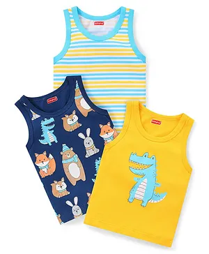 Babyhug 100% Cotton Knit Sleeveless Sando Stripes & Bear Print Pack of 3 - Blue Yellow & White