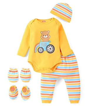 Babyhug 100% Cotton Full Sleeves Onesie with Lounge Pant & Cap Mittens and Booties Teddy Print - Yellow