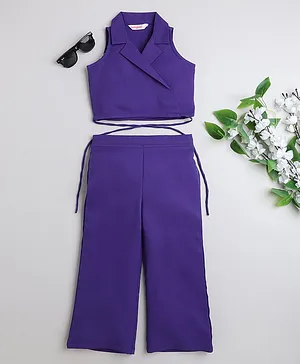 Taffykids Sleeveless Solid Crop Top With Waist Tie Up Coordinating Pant - Purple