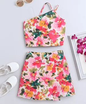 Taffykids 100% Cotton Asymmetric Neck Floral Printed  Poplin Top And Skirt Set - Multi Colour