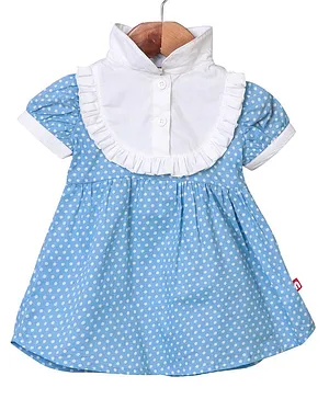Nino Bambino Puffed Half Sleeves Polka Dot Printed Dress - Light Blue