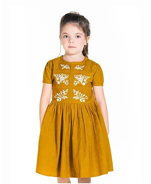 Cherry Crumble by Nitt Hyman Short Sleeves Flower Embroidery Detailing Dress - Brown
