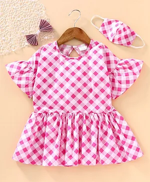 Unicorns Half Sleeves Checkered Top With Matching Face Mask - Pink