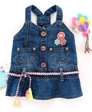 Little Kangaroos Sleeveless Dungaree Style Frock Floral Patch - Blue