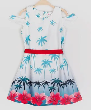 Peppermint Short Sleeves Palm Tree Print Dress - Blue