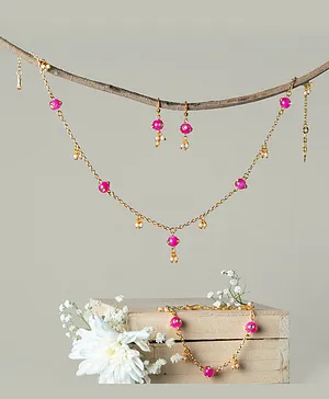 Ribbon Candy Pearl Detailed Necklace With Bracelet & Earrings Set - Gold & Pink