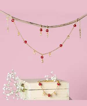 Ribbon Candy Pearl Detailed Necklace With Bracelet & Earrings Set - Gold & Red