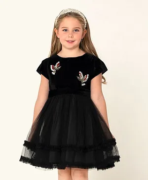 Cherry Crumble By Nitt Hyman Short Sleeves Birds Embellished Dress - Black
