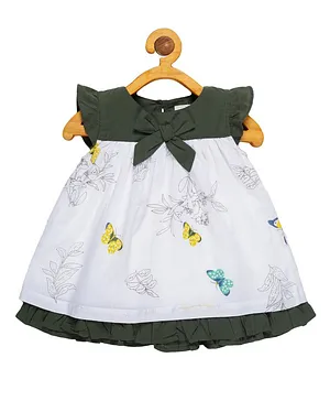 Young Birds Cap Sleeves Butterfly Printed Dress - Green