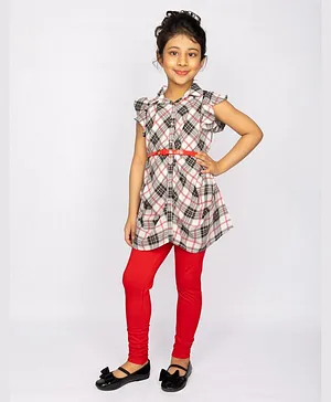 Peppermint Checked Short Sleeves Long Top With Leggings Set - Multi Color