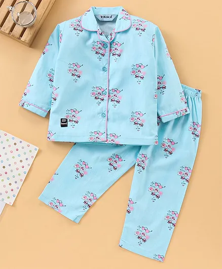 Enfance Core Full Sleeves Spectacles Printed Night Suit - Blue