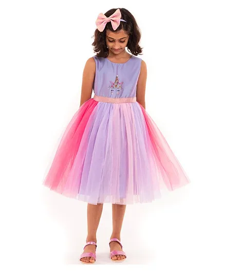 A Little Fable Sleeveless Unicorn Embellished Dress - Lavender