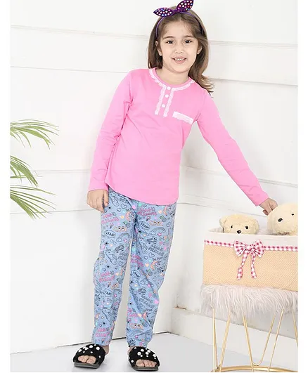 Lilpicks Couture Printed Full Sleeves Night Suit - Pink & Grey