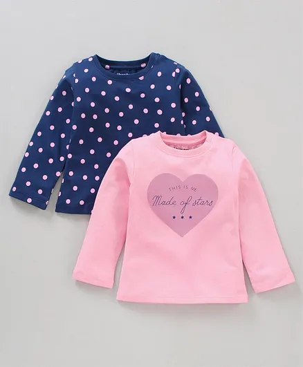Honeyhap Full Sleeves 100% Cotton Silvadur Anti-microbial Finish Tops Heart and Polka Dot Print Pack of 2 - Navy Pink