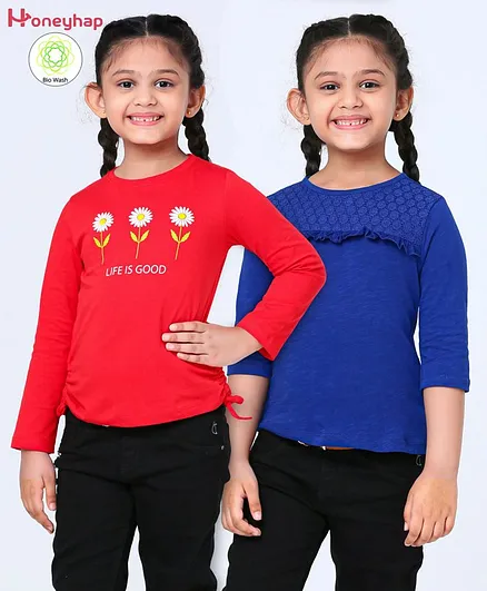 Honeyhap 100% Cotton Full Sleeves Tee Pack of 2 - Navy Red