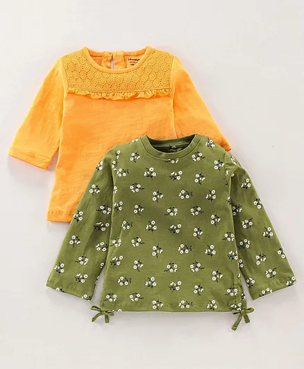 Honeyhap Full Sleeves 100% Cotton Silvadur Anti-microbial Finish Tops Floral Print Pack of 2 - Yellow Green
