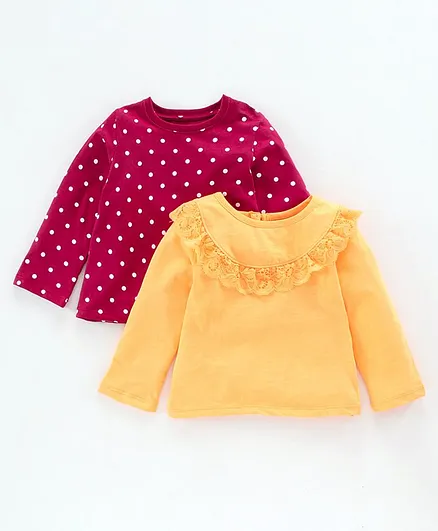 Honeyhap 100% Cotton Silvadur Antimicrobial Finish Full Sleeves Tops Polka Dot Print Pack of 2 - Maroon Yellow