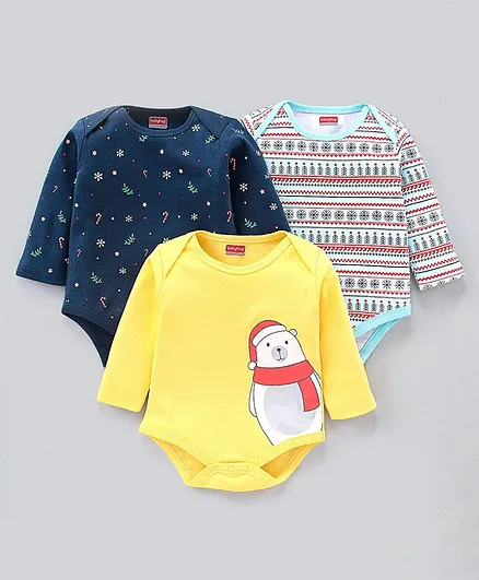 Babyhug 100% Cotton Full Sleeves Multi Print Onesies Pack of 3 - Multicolor