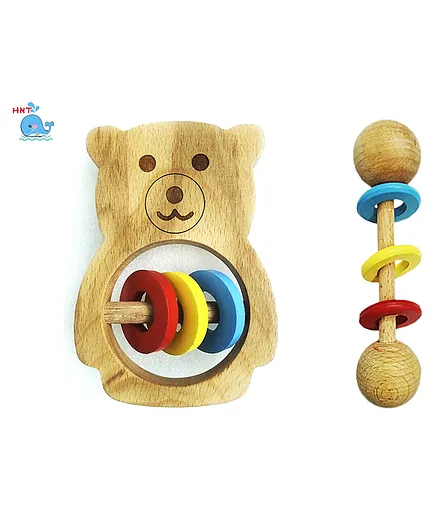 HNT Wooden Teddy Bear and Dumbell Rattle Toy - Multicolour