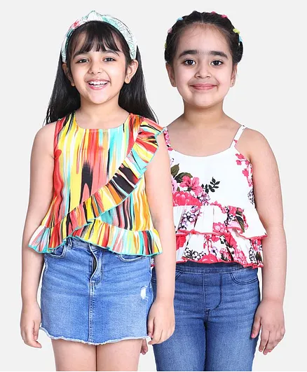 Cutiekins Pack Of 2 Sleeveless Striped & Floral Print Tops - Multi Colour