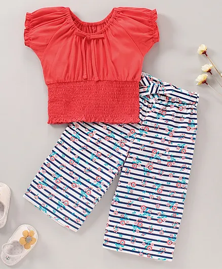 OLLINGTON ST. Half Sleeves Top & Culottes - Coral and White