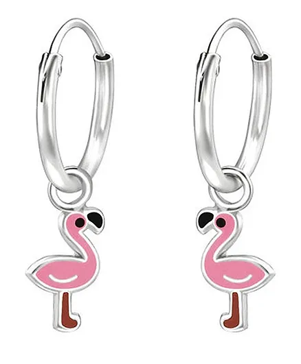 Aww So Cute Flamingo Design 925 - 92.5 Sterling Silver Hoop Earrings - Pink