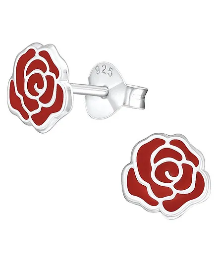 Aww So Cute Rose Flower Design 925 - 92.5 Sterling Silver Stud Earrings - Red