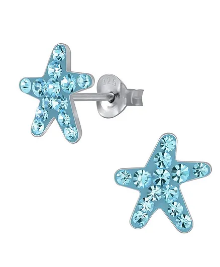Aww So Cute Starfish Design 925 - 92.5 Sterling Silver Stud Earrings - Blue