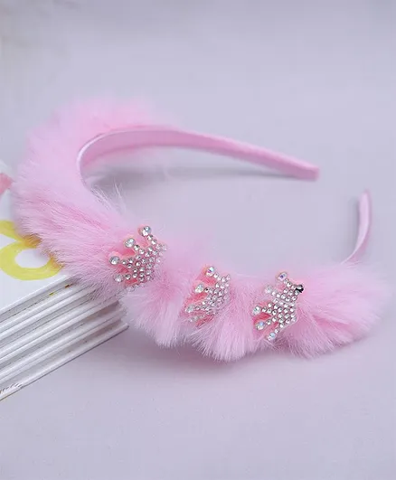 TMW Kids Stylish Beaded Crown Patch Detailing Fur Hair Band - Light Pink