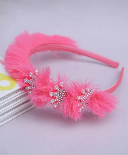 TMW Kids Stylish Beaded Crown Patch Detailing Fur Hair Band - Pink