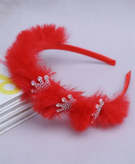TMW Kids Stylish Beaded Crown Patch Detailing Fur Hair Band - Red