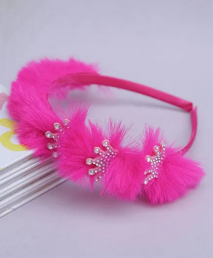 TMW Kids Stylish Beaded Crown Patch Detailing Fur Hair Band - Pink