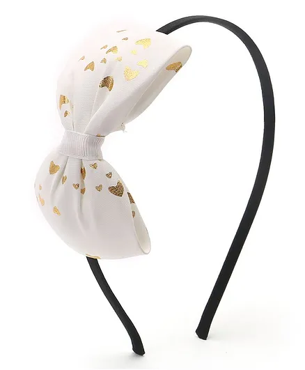 TMW Kids Golden Foil Heart Printed Big Bow Detail Hair Band - White